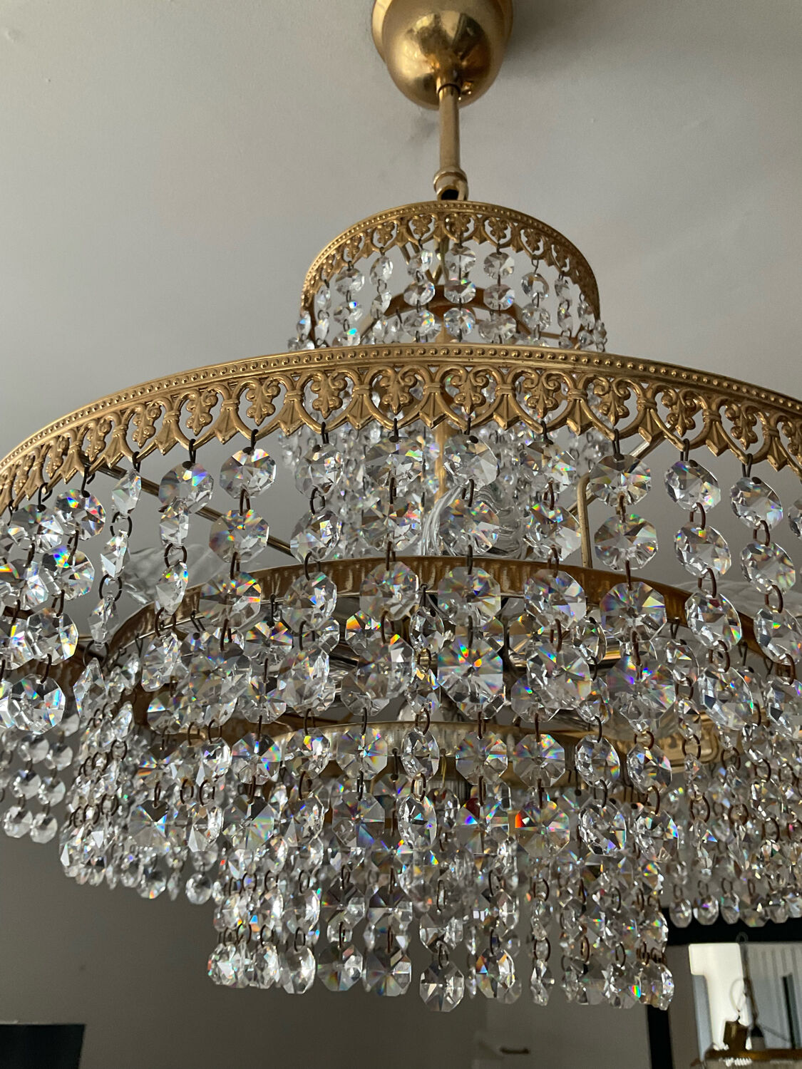 Brass chandelier and crystal tassel waterfall
