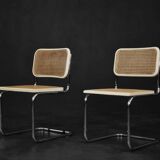 Set of 2 modern vintage Italian chairs in white wood and mid-century French wicker.