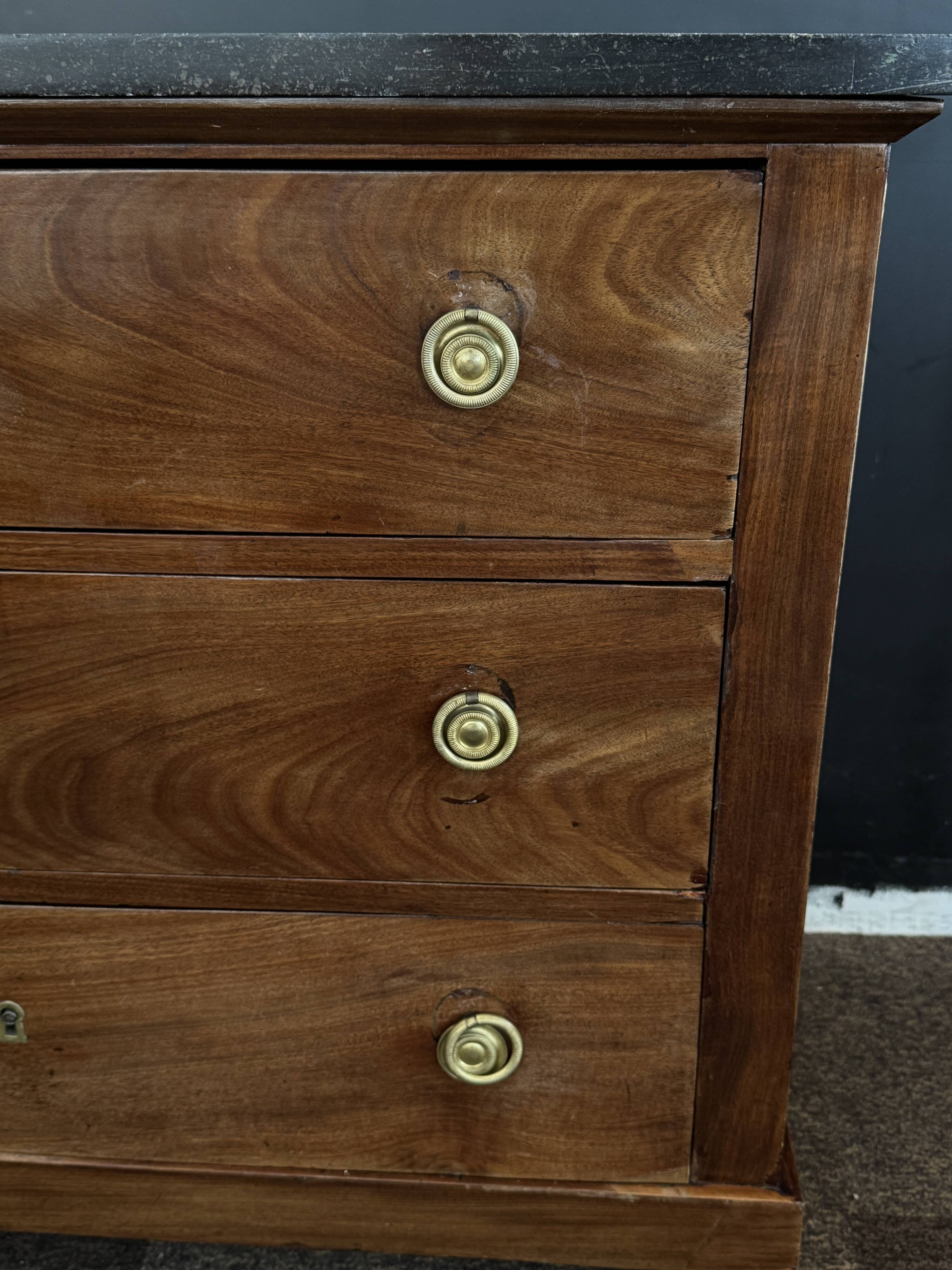 Empire style chest of drawers with 3 drawers and marble top - solid mahogany