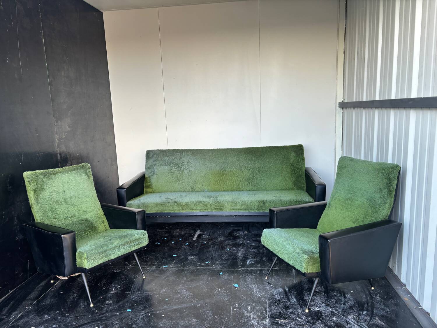 Vintage 70s green moumoute sofa and armchair