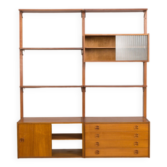 Danish modular shelving system in teak with 3 cabinets & 5 floating cabinets, Cadovius style wall un