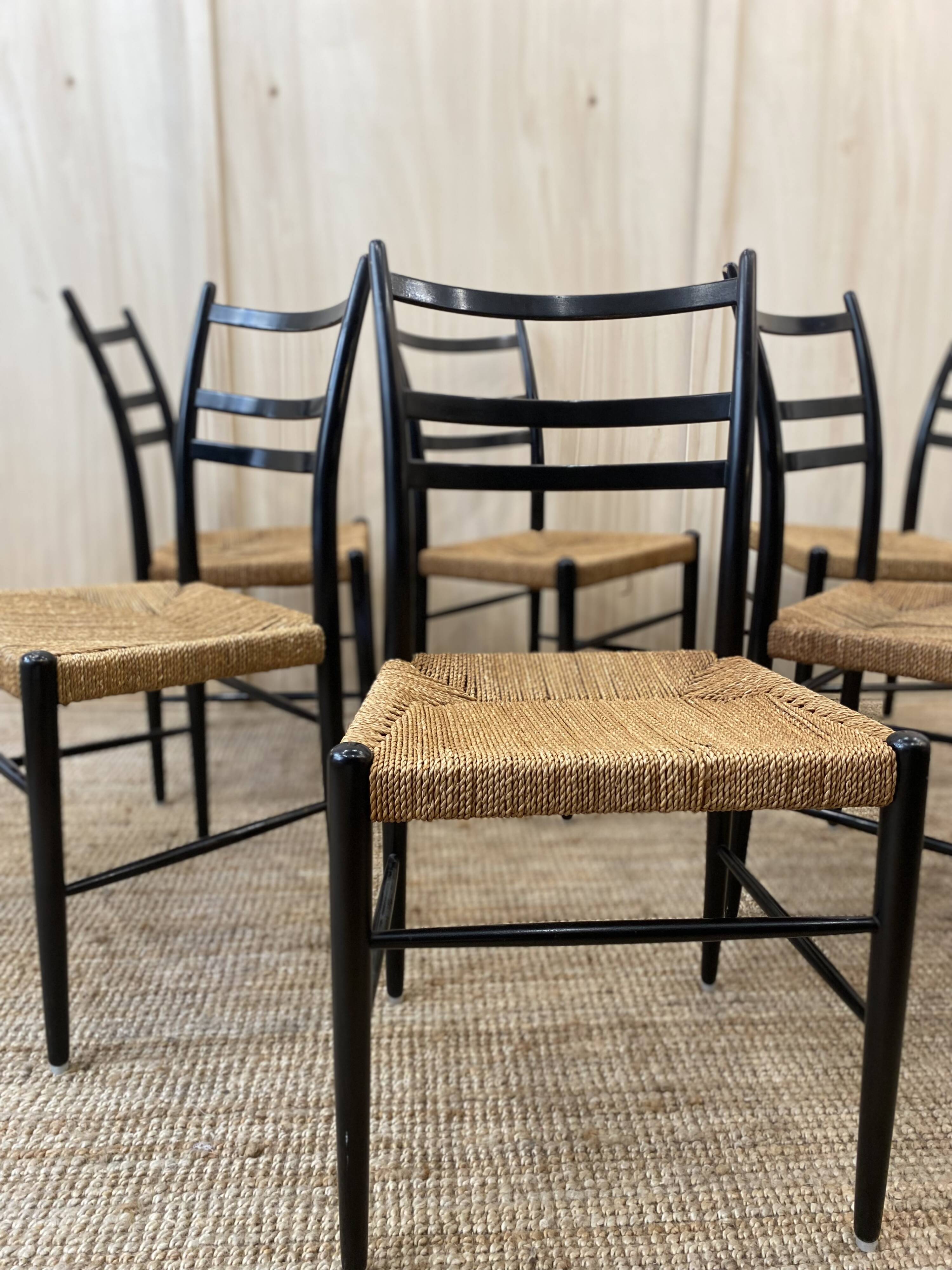 Série de 6 chaises en bois & cordes - italie 1960