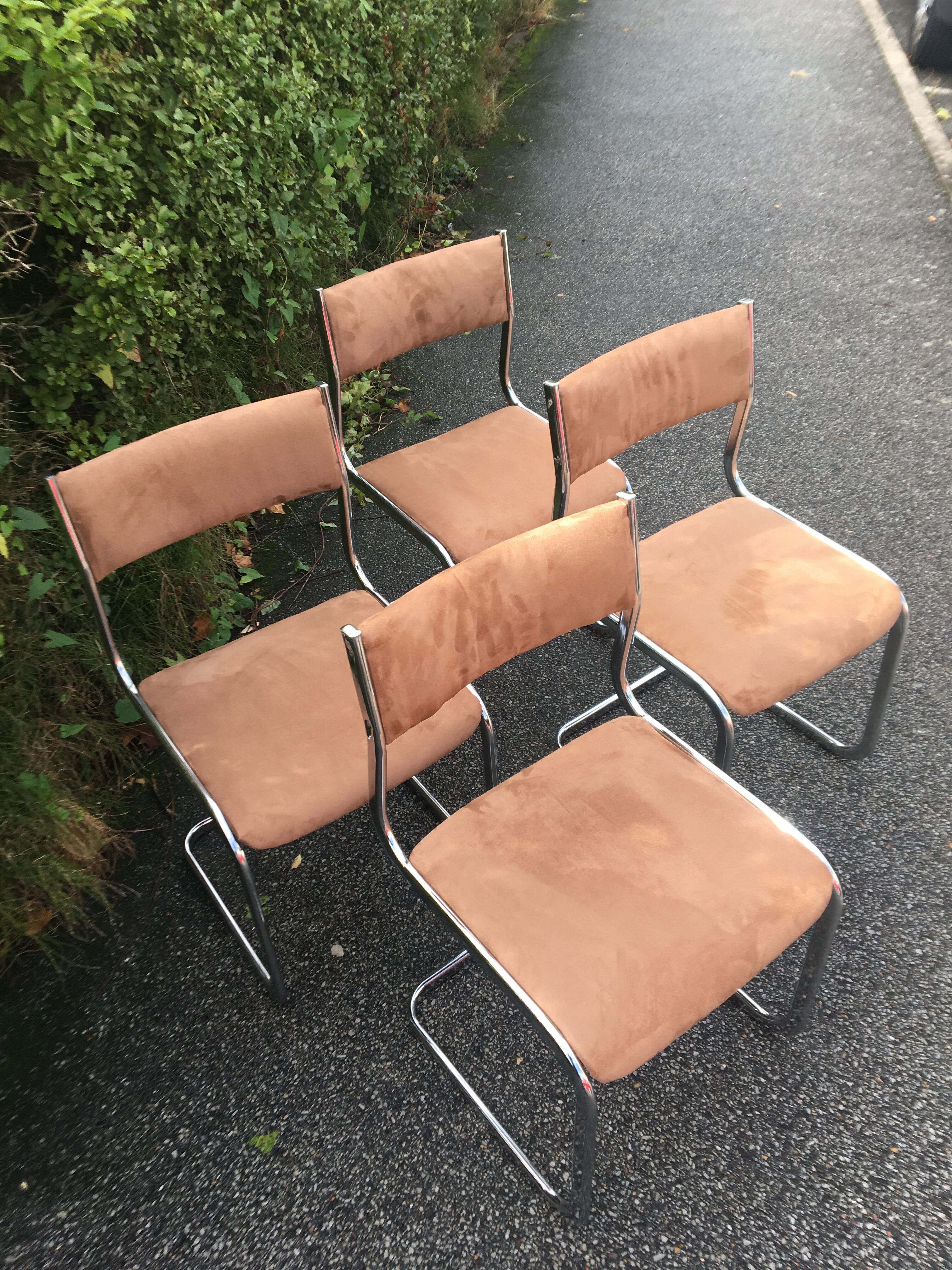 4  chrome steel chairs velvet tobacco 1970