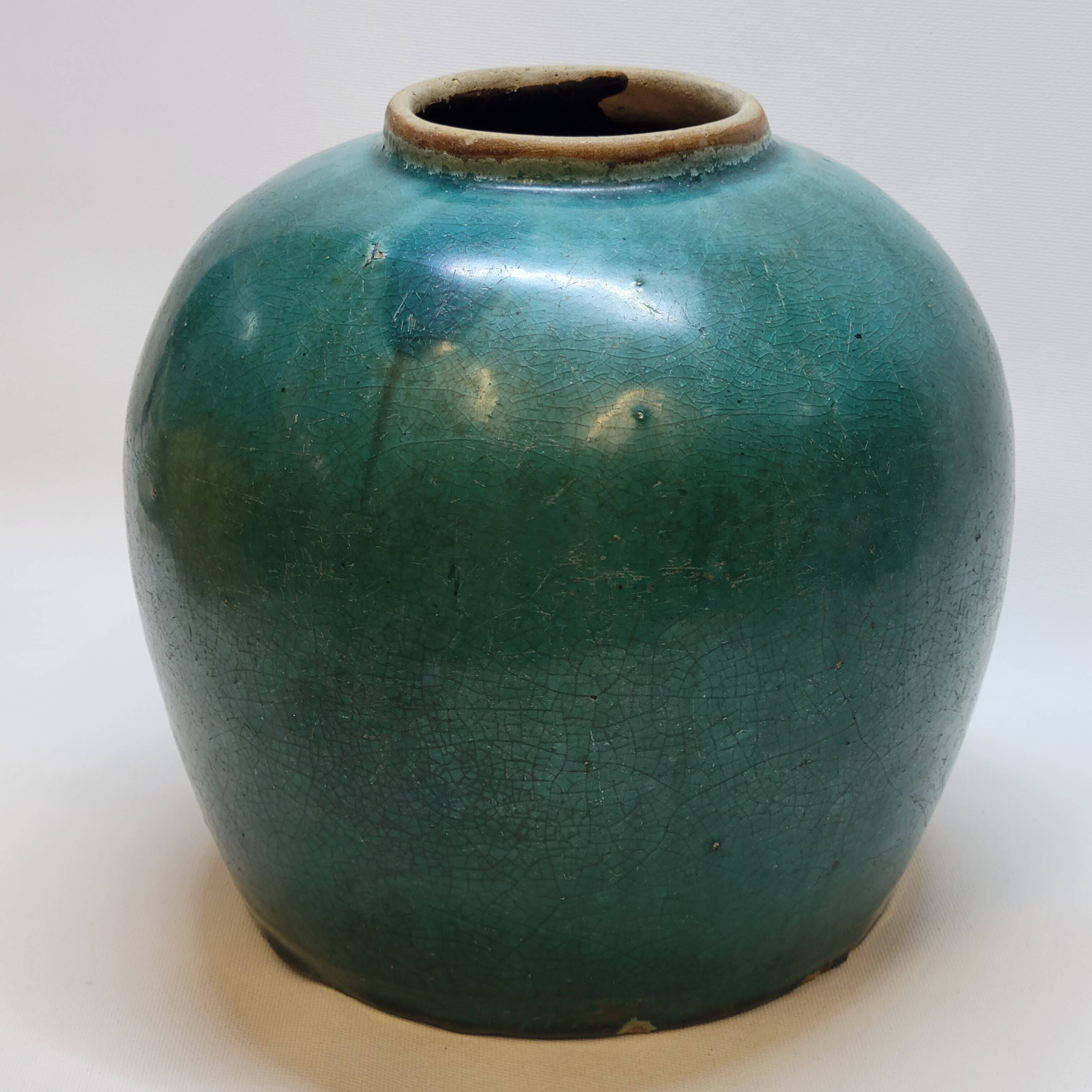 Antique Chinese Ginger Pot 1900 Green Blue Turquoise Enameled Ceramic