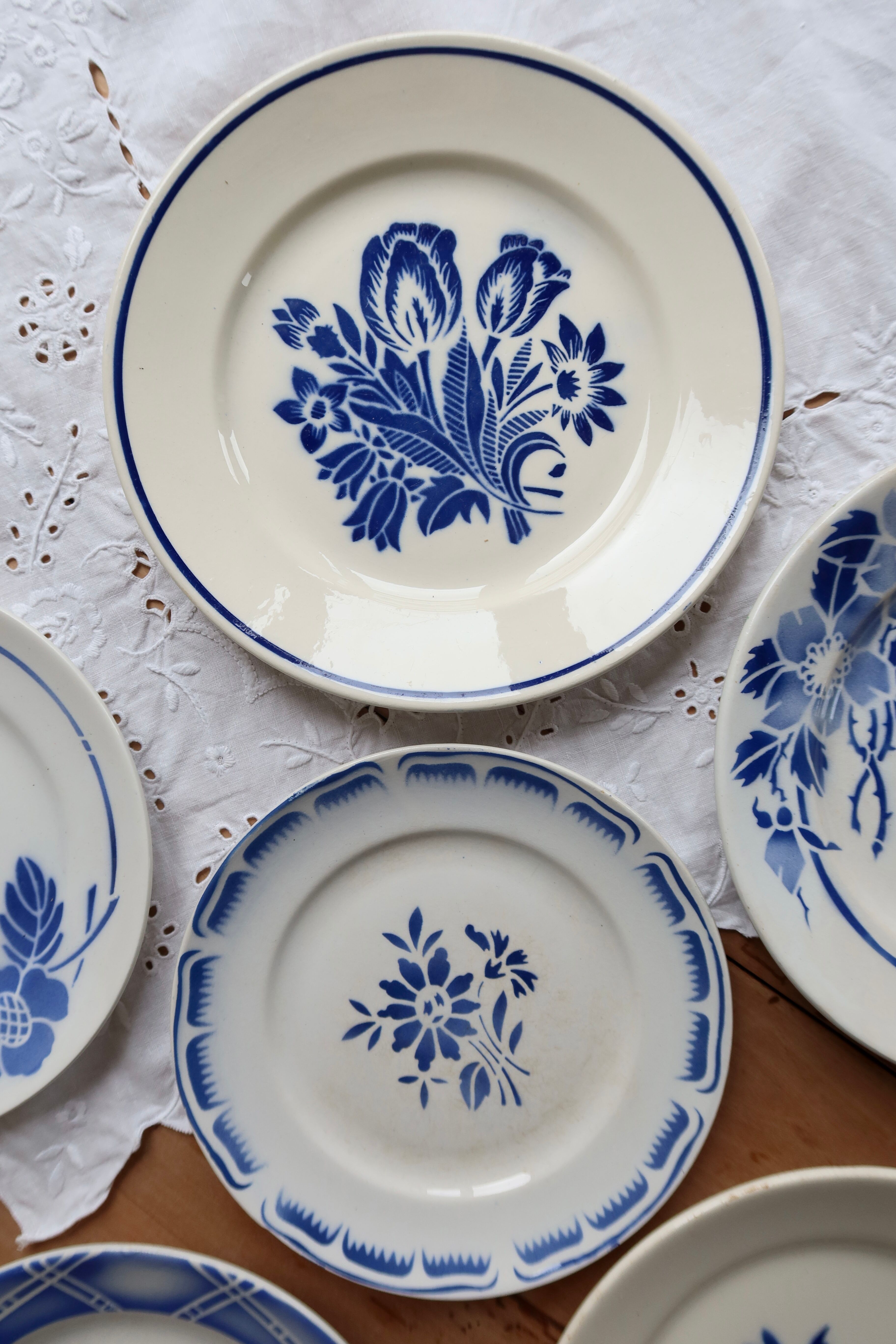 6 vintage mismatched blue and white earthenware dessert plates