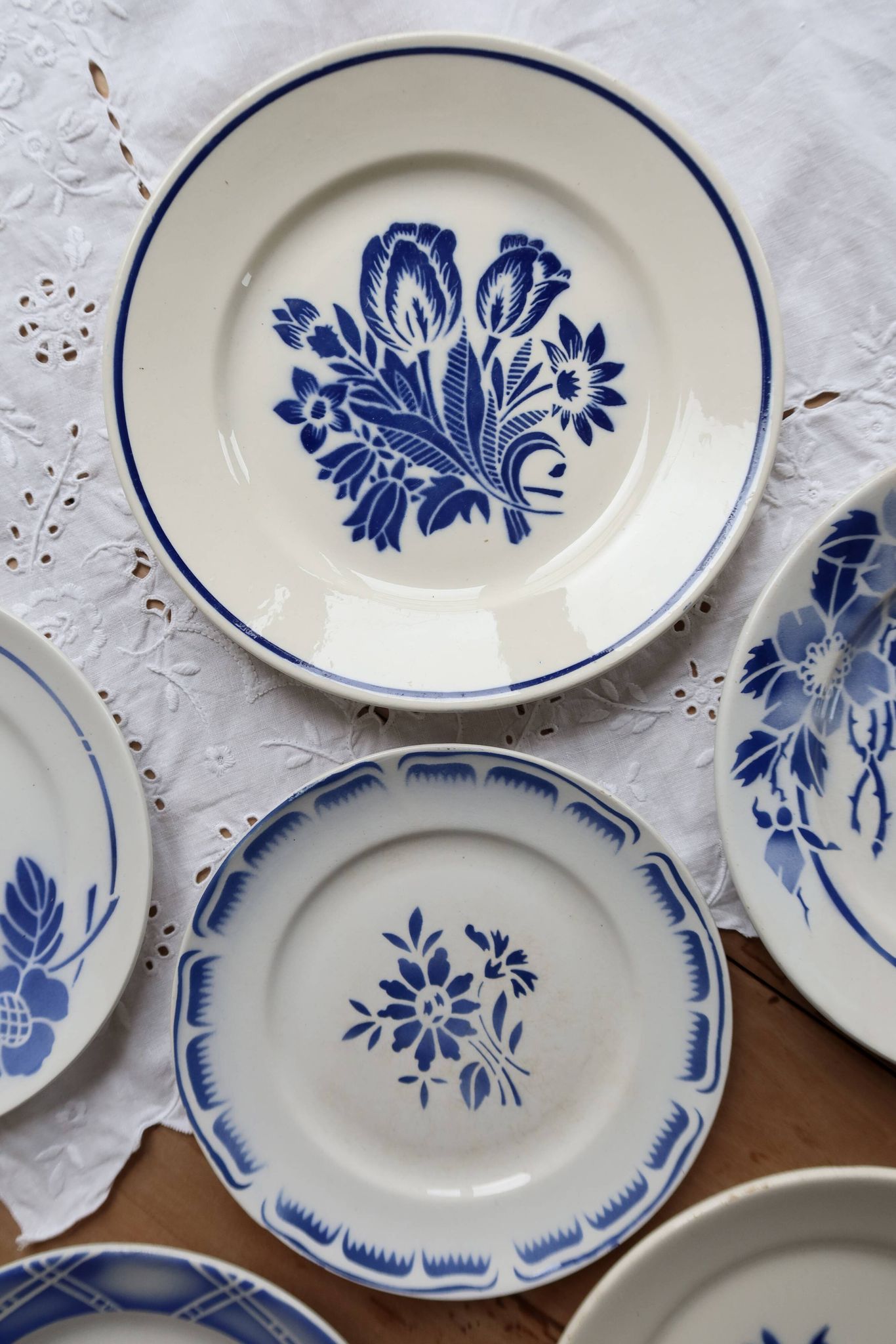 6 vintage mismatched blue and white earthenware dessert plates
