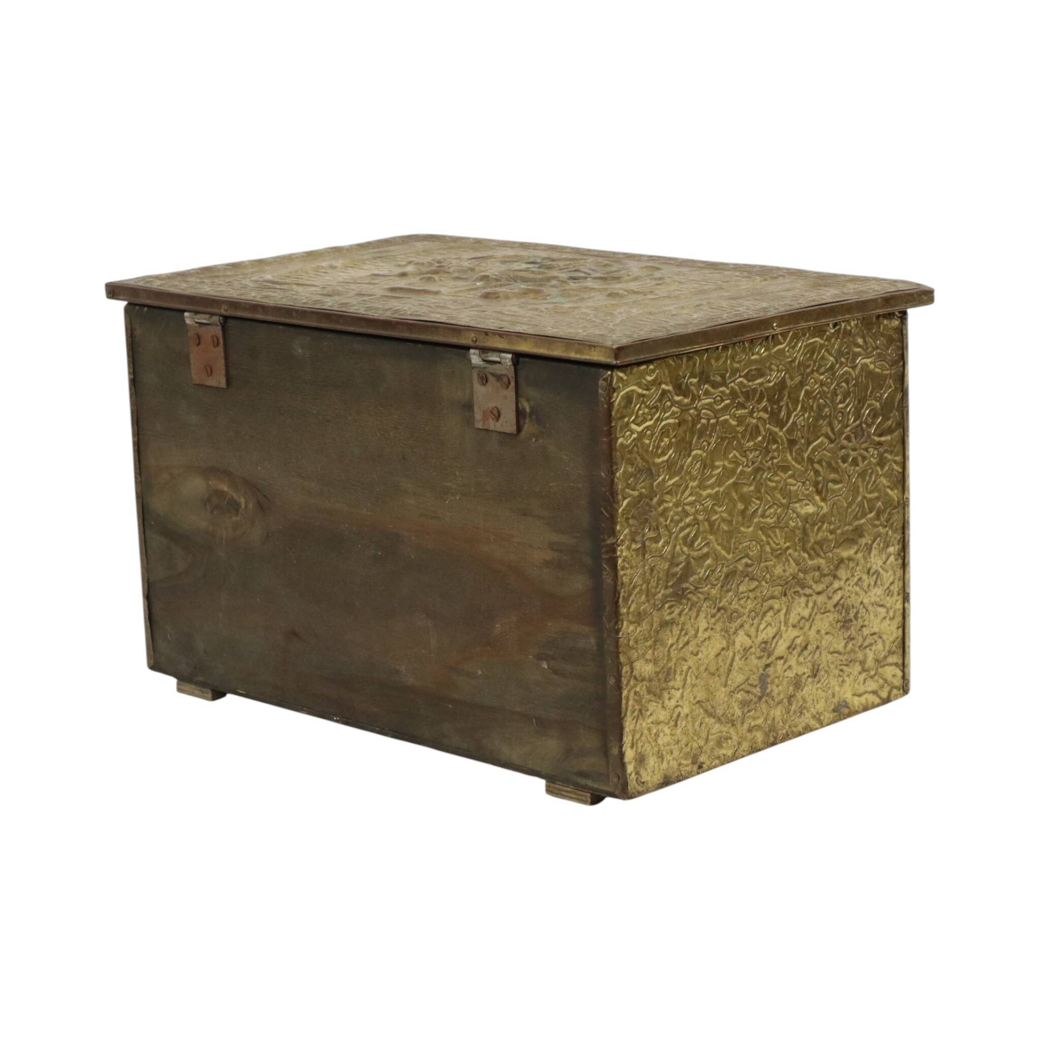Large Repoussé Chest Coal Fireplace Brass Wood Early 20th Century