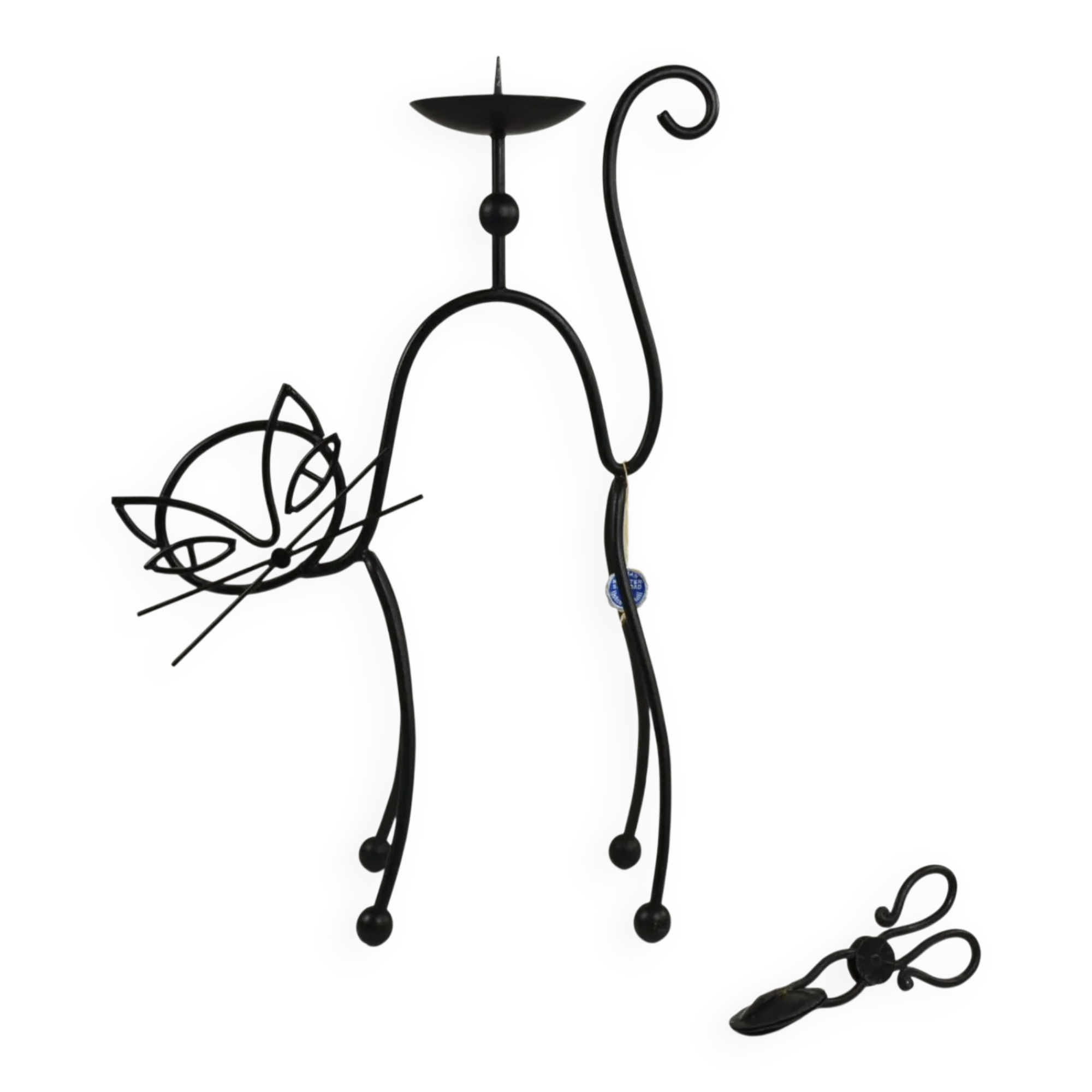 Black Painted Metal Cat Candle Holder, Snuffer & Original Label by Gunnar Ander for Ystad-Metall, Sweden, 1950s/60s