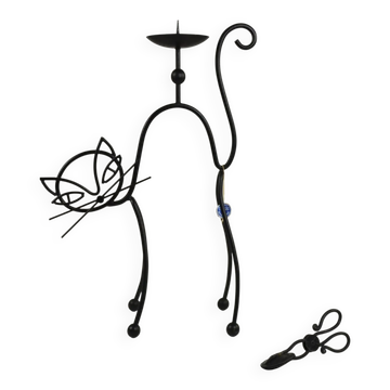 Black Painted Metal Cat Candle Holder, Snuffer & Original Label by Gunnar Ander for Ystad-Metall, Sweden, 1950s/60s