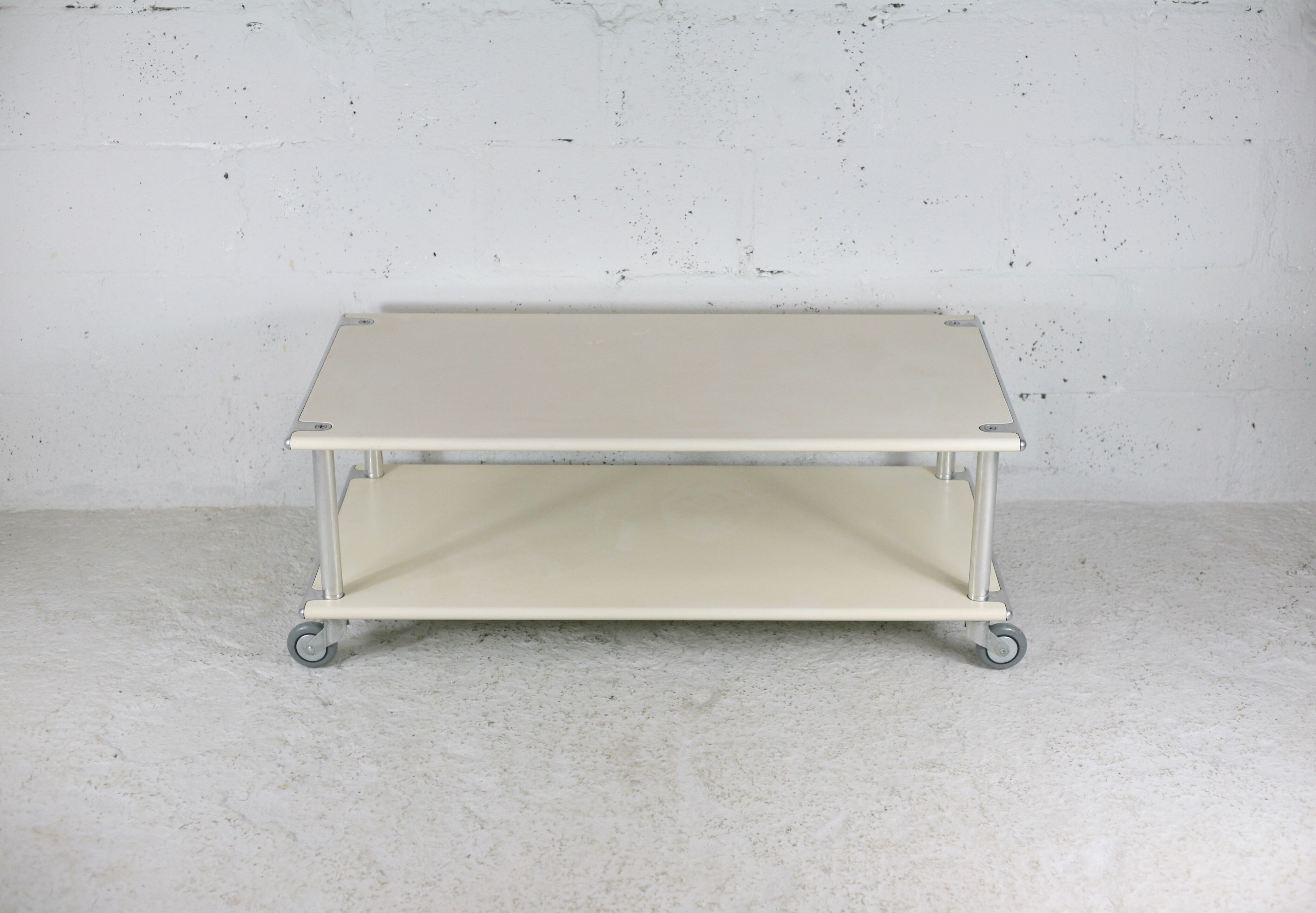 Coffee table in lacquered steel "cream", double trays, France, circa 1970