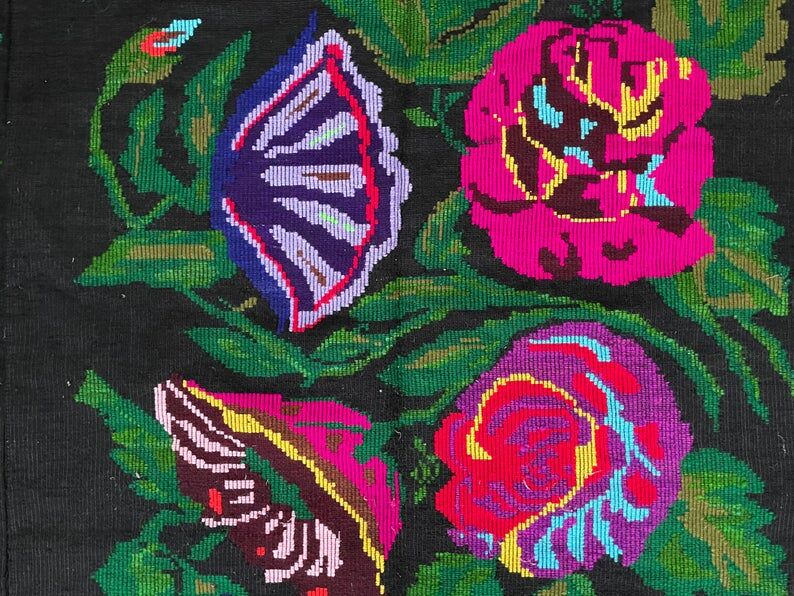 Handwoven Romanian rug with colorful bohemian floral design 294x146cm