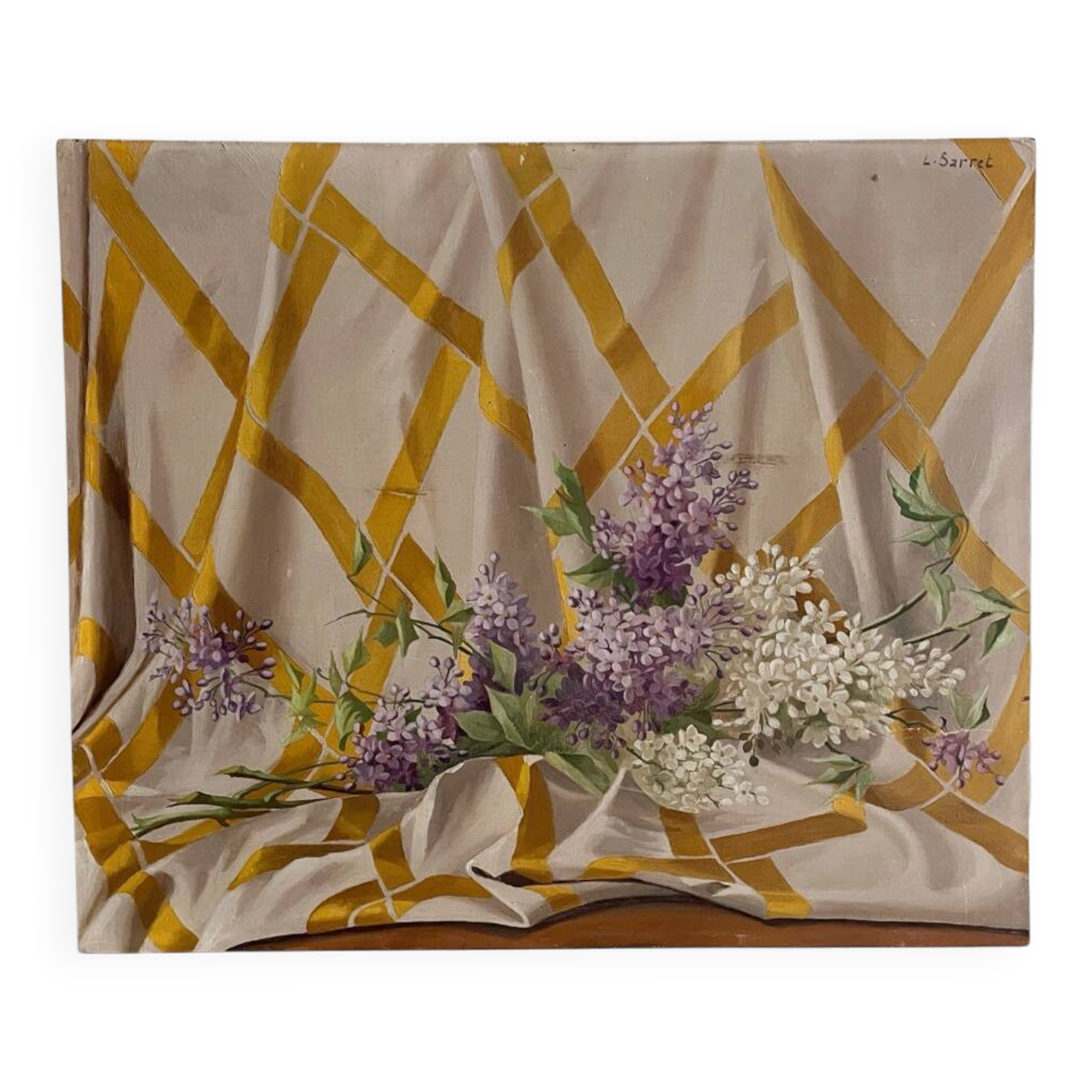 Old painting, oil on wood, lilac flowers on drapery by Sarret.