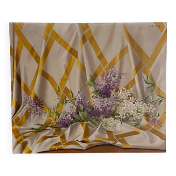 Old painting, oil on wood, lilac flowers on drapery by Sarret.