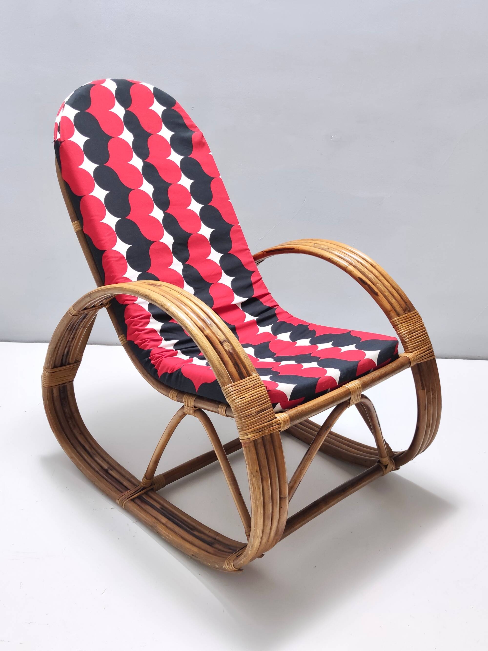 Postmodern Bamboo Rocking Chair with Red, Black and White Fabric Upholstery