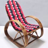Postmodern Bamboo Rocking Chair with Red, Black and White Fabric Upholstery