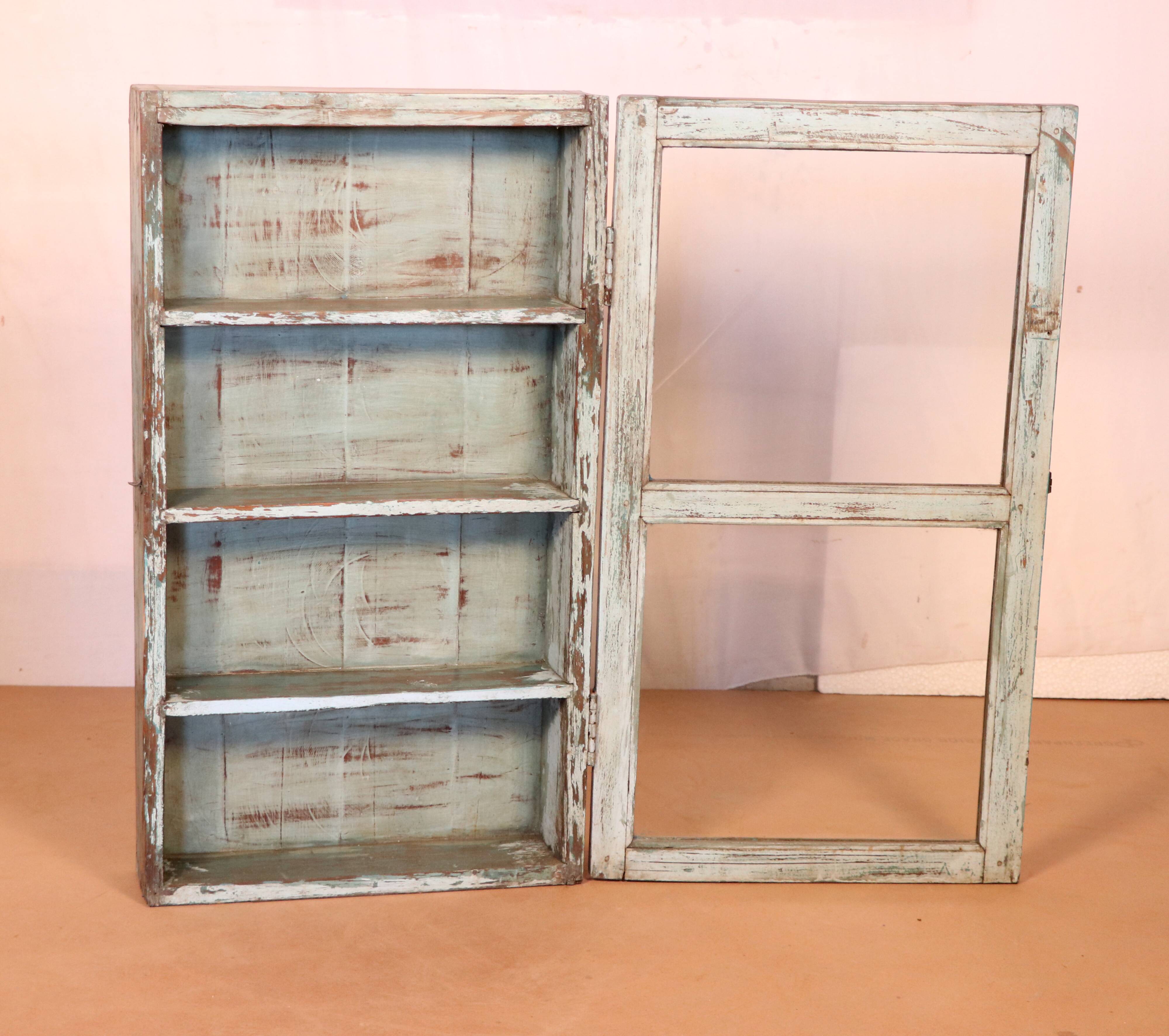 Old wall showcase in original white-blue patina Burmese teak