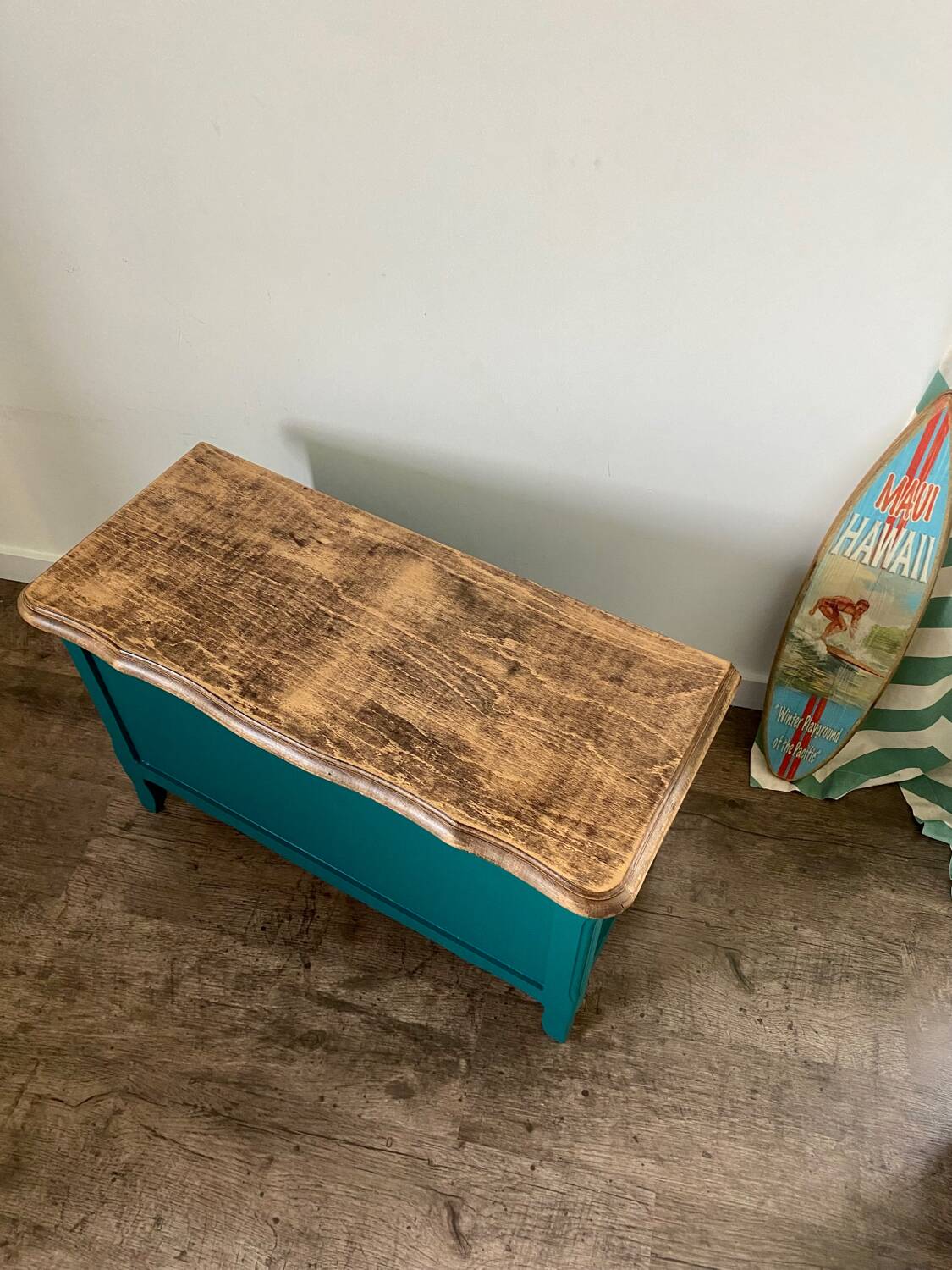 Duck blue and light wood storage chest