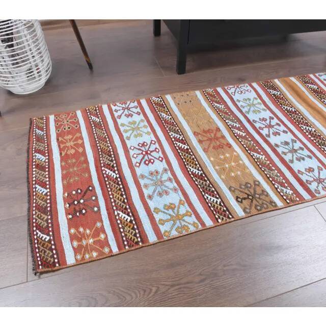 Vintage Turkish Oushak Handmade Wool Cotton Red Kilim Runner 60x214