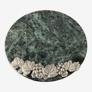 Plateau à fromage en marbre vert et décor vigne en étain vintage