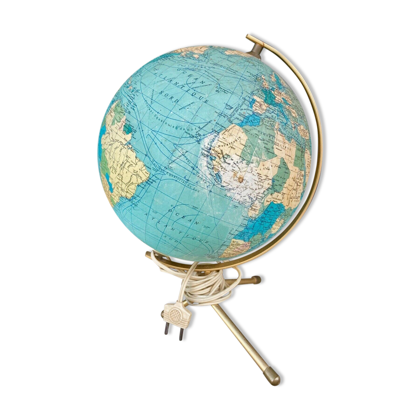 Globe terrestre mappemonde ancienne verre lumière design vintage 1970