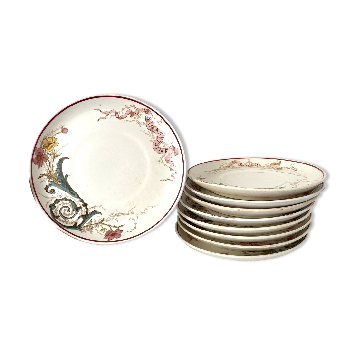 Set of 9 dessert plates "A la Samaritaine" K&G Lunéville 1900, art nouveau service