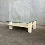 Table basse sculpturale travertin et verre, vintage 1980s
