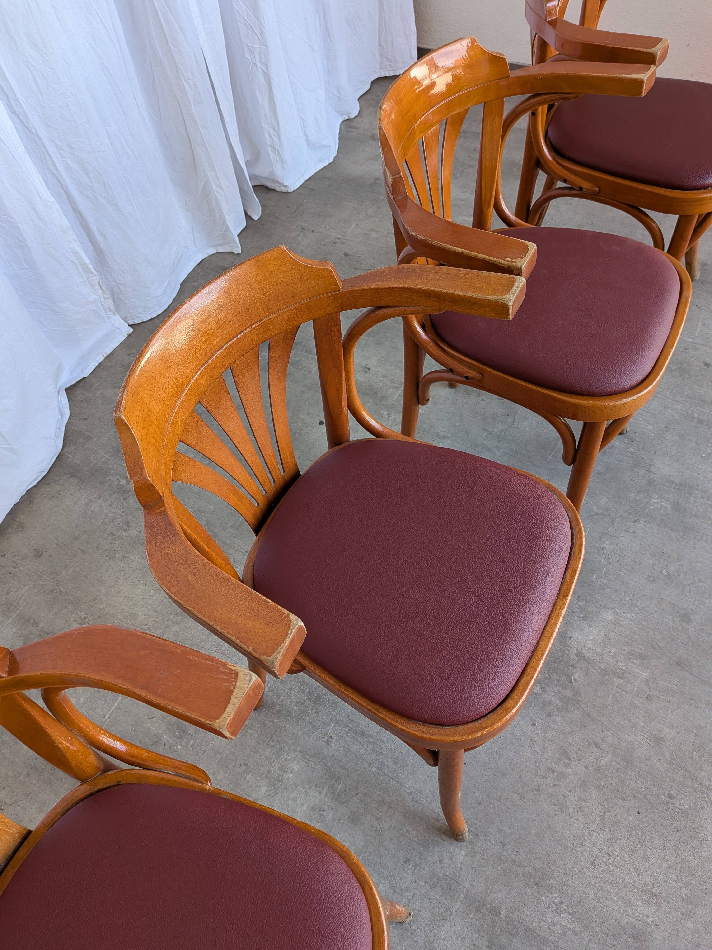 Set of 4 Bentwood Dining Chairs / Vintage Thonet Style, Red Faux Leather