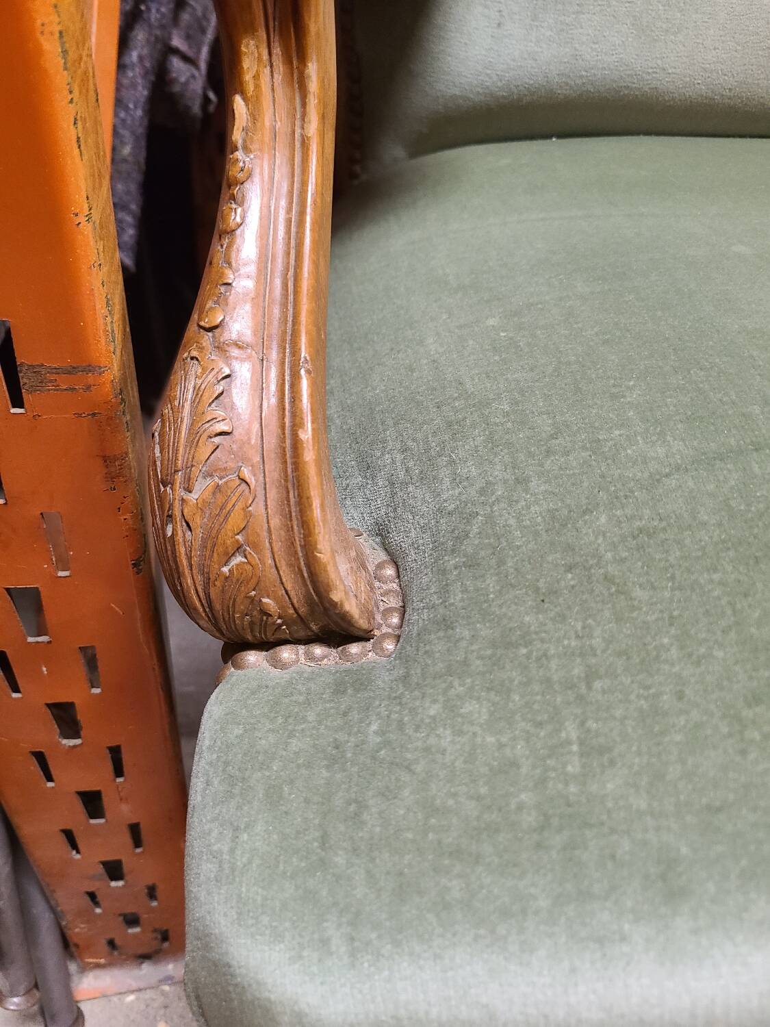 Vintage Louis XV style wing chair, light green velvet