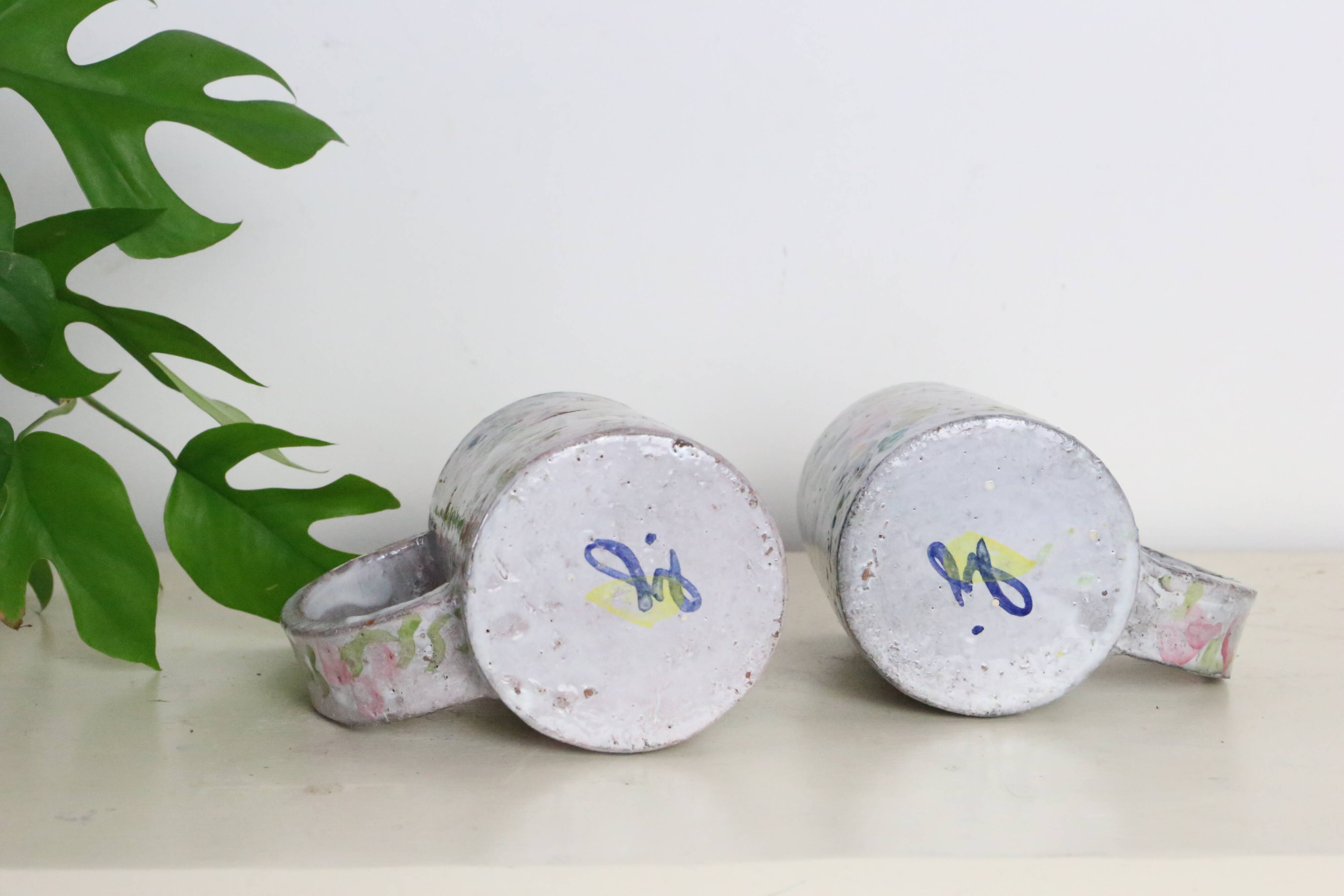 Set of 2 stoneware mugs, artisanal pottery, 1980