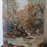 Ancienne peinture à l'huile sur tablette paysage début 20e siècle