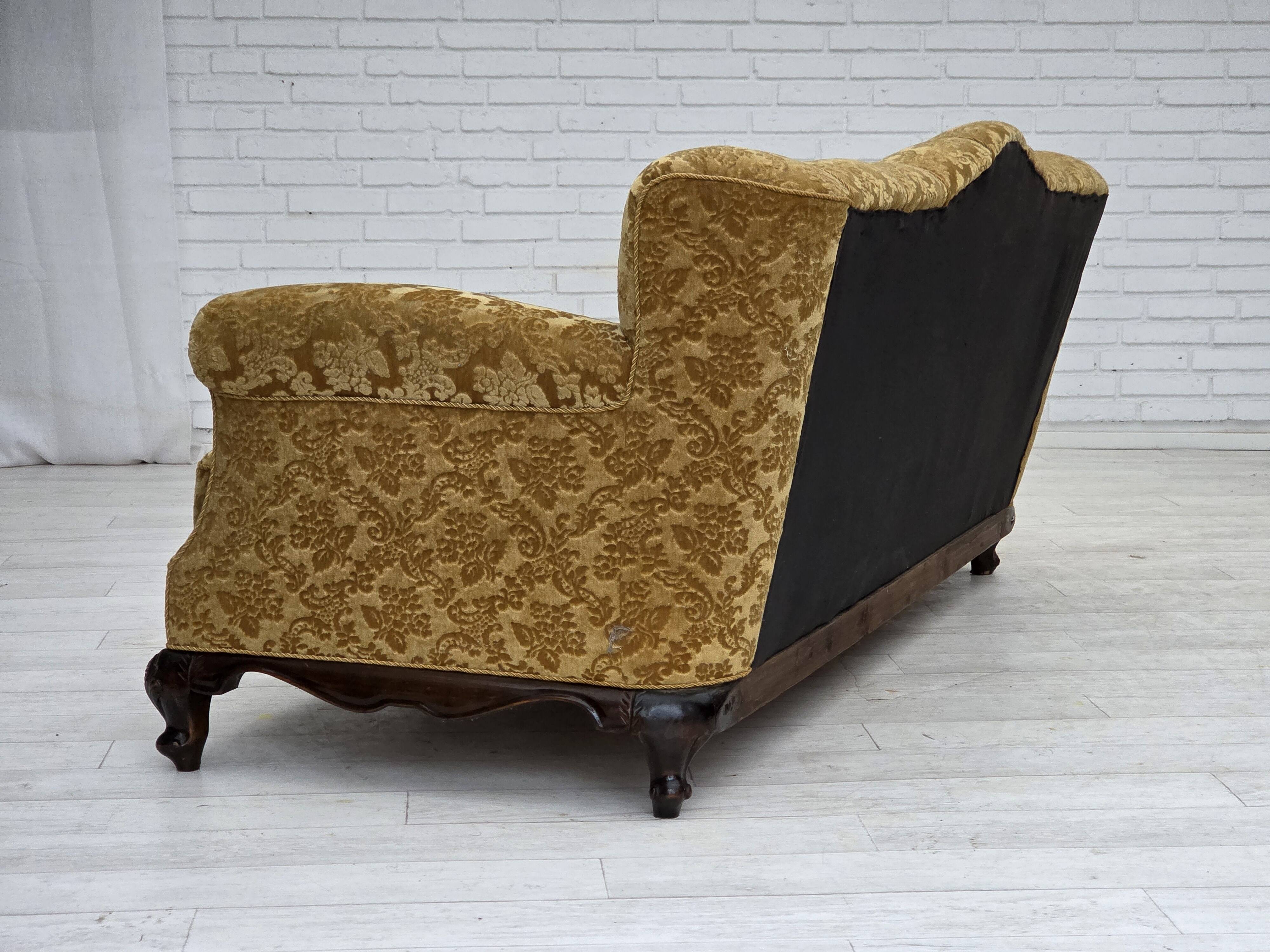 1950s, Danish 3-seater sofa, furniture velour, carved oak wood.