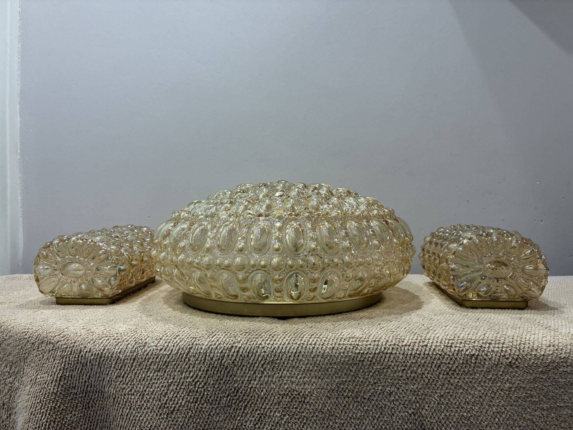 Glashütte Limburg amber bubble glass ceiling light and 2 sconces, 1960s