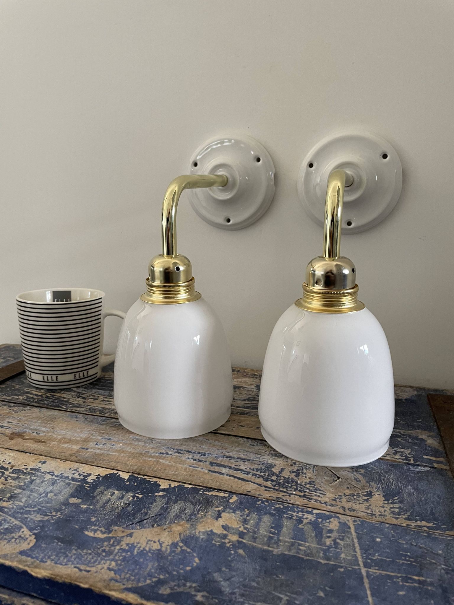 Pair of vintage white opaline sconces restored