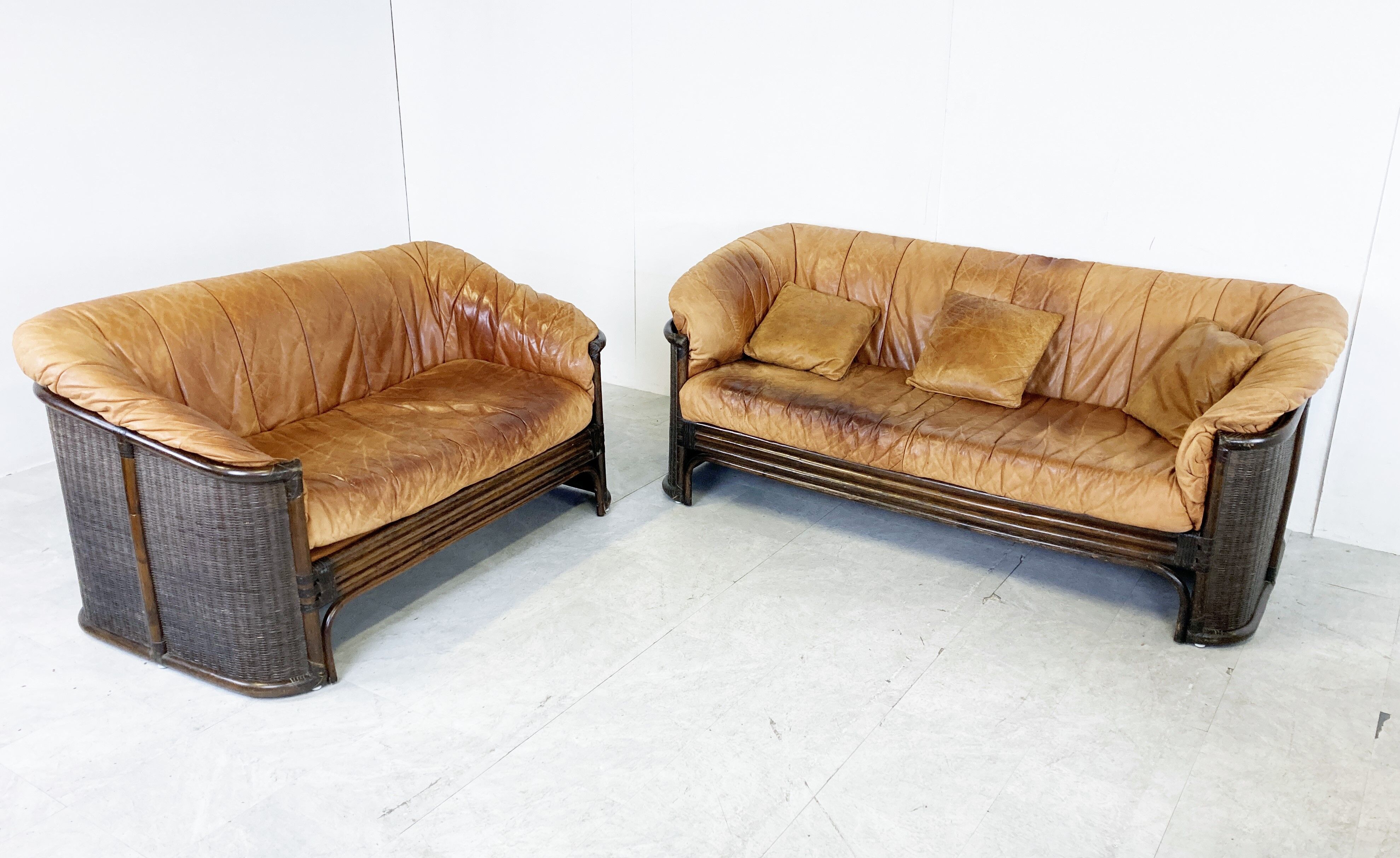 Vintage wicker and leather sofa set 1960s