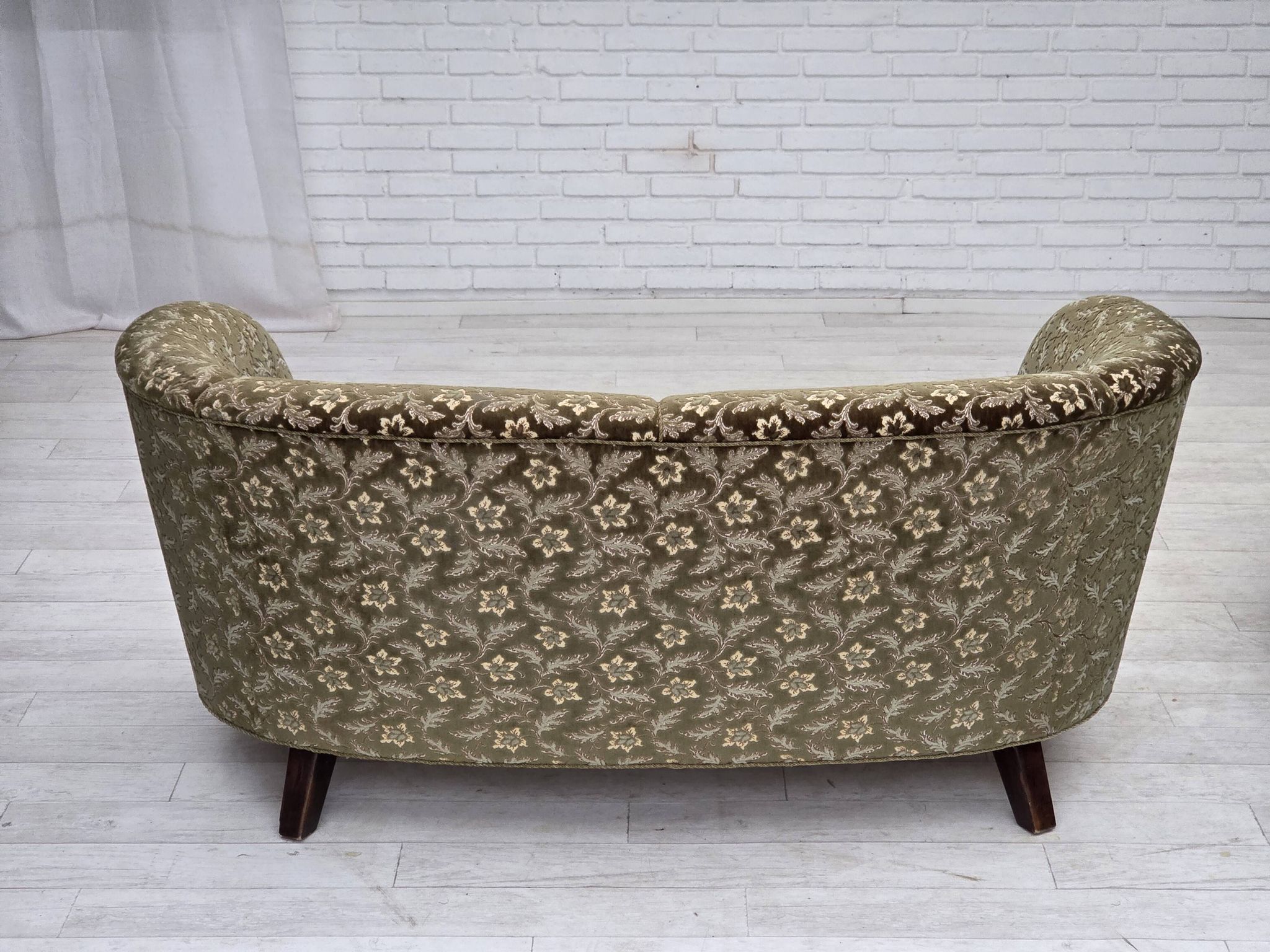 1960s, Danish curved 2-seater sofa, green furniture velour, beech wood.