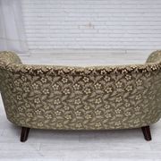 1960s, Danish curved 2-seater sofa, green furniture velour, beech wood.