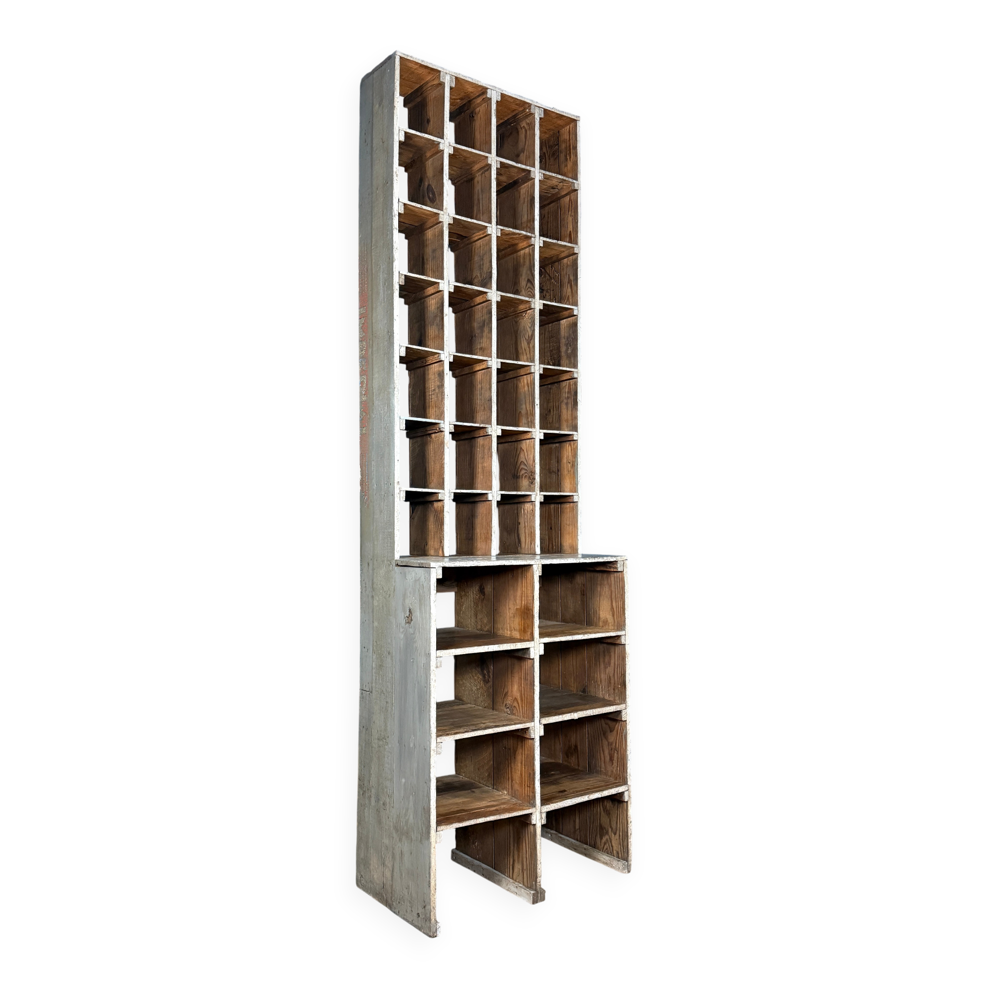 Large old industrial wooden workshop pigeonhole cabinet