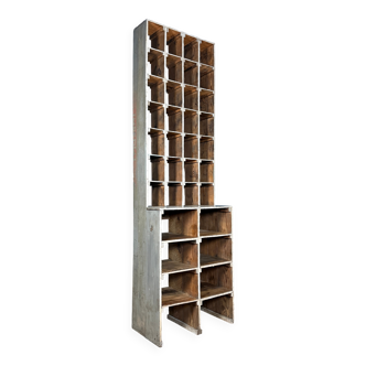 Large old industrial wooden workshop pigeonhole cabinet
