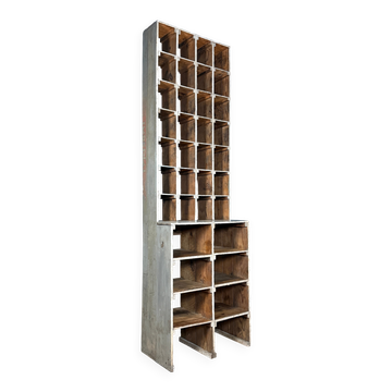 Large old industrial wooden workshop pigeonhole cabinet