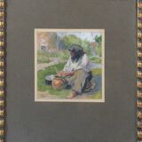 Peasant Lady Smoking a Pipe While Working - Framed Watercolour