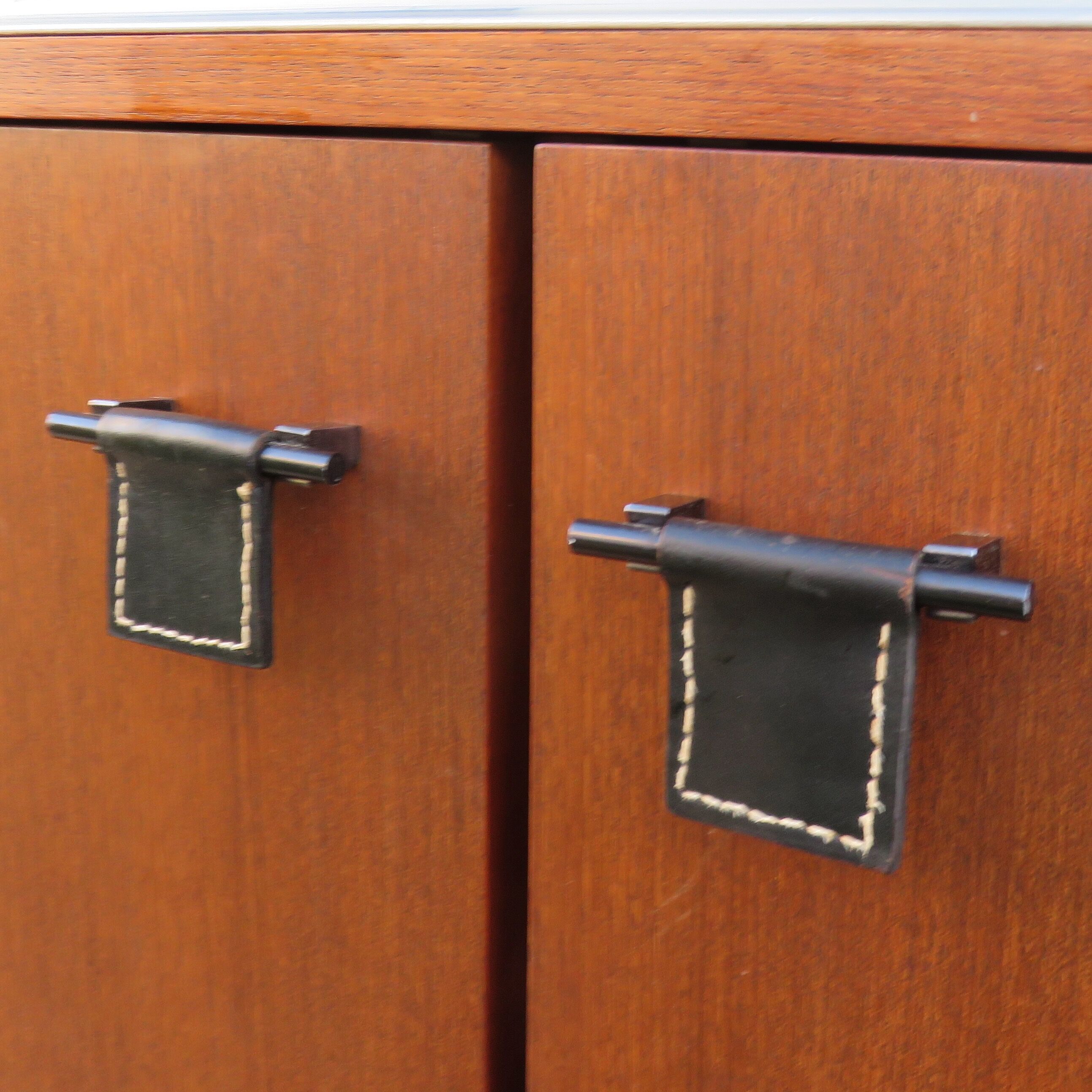 Vintage sideboard with black and white glass doors with cupboard, modernist style, France 1955