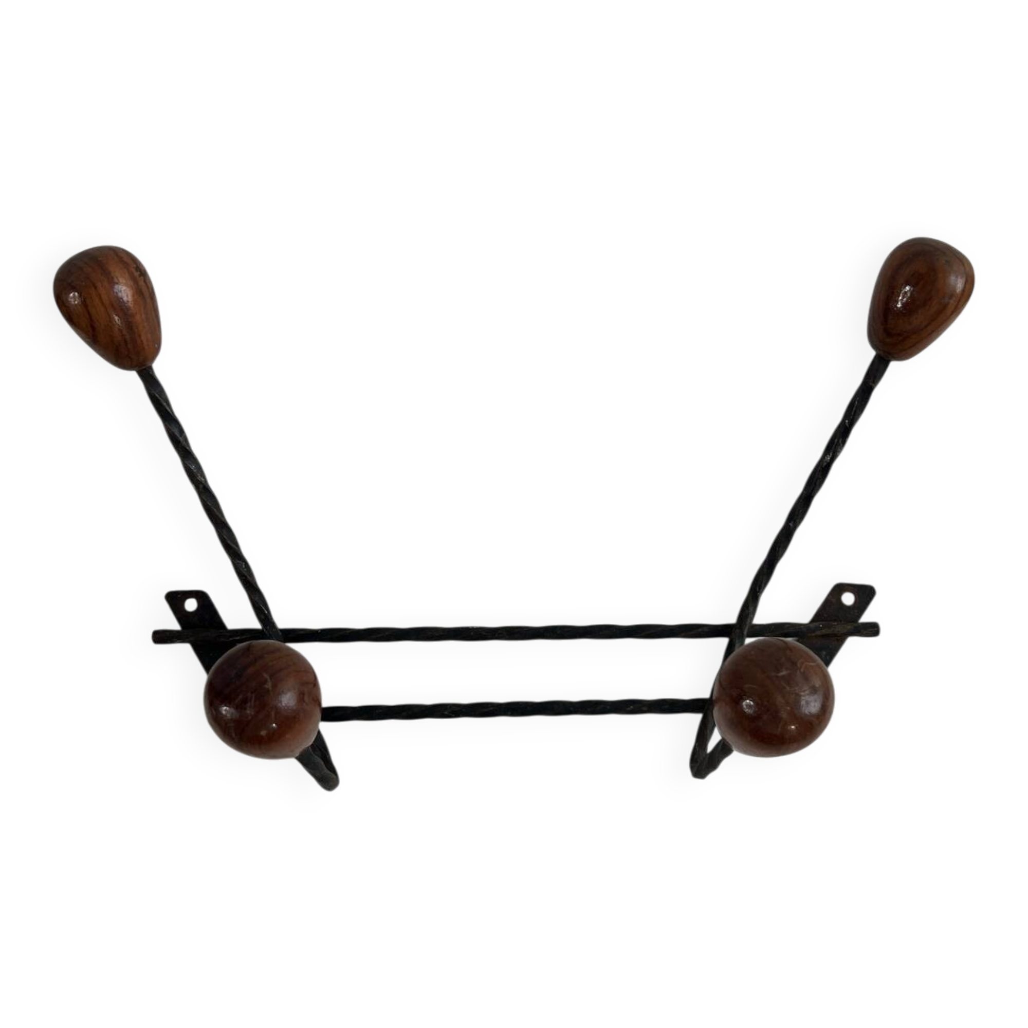 Wall-mounted coat rack in wrought iron with turned wooden knobs.