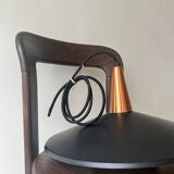 Scandinavian suspension in black metal, copper, and opal glass, 1970s design.