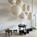 Large pendant light in Japanese-style natural rattan and linen in the shape of a drop H55 D60