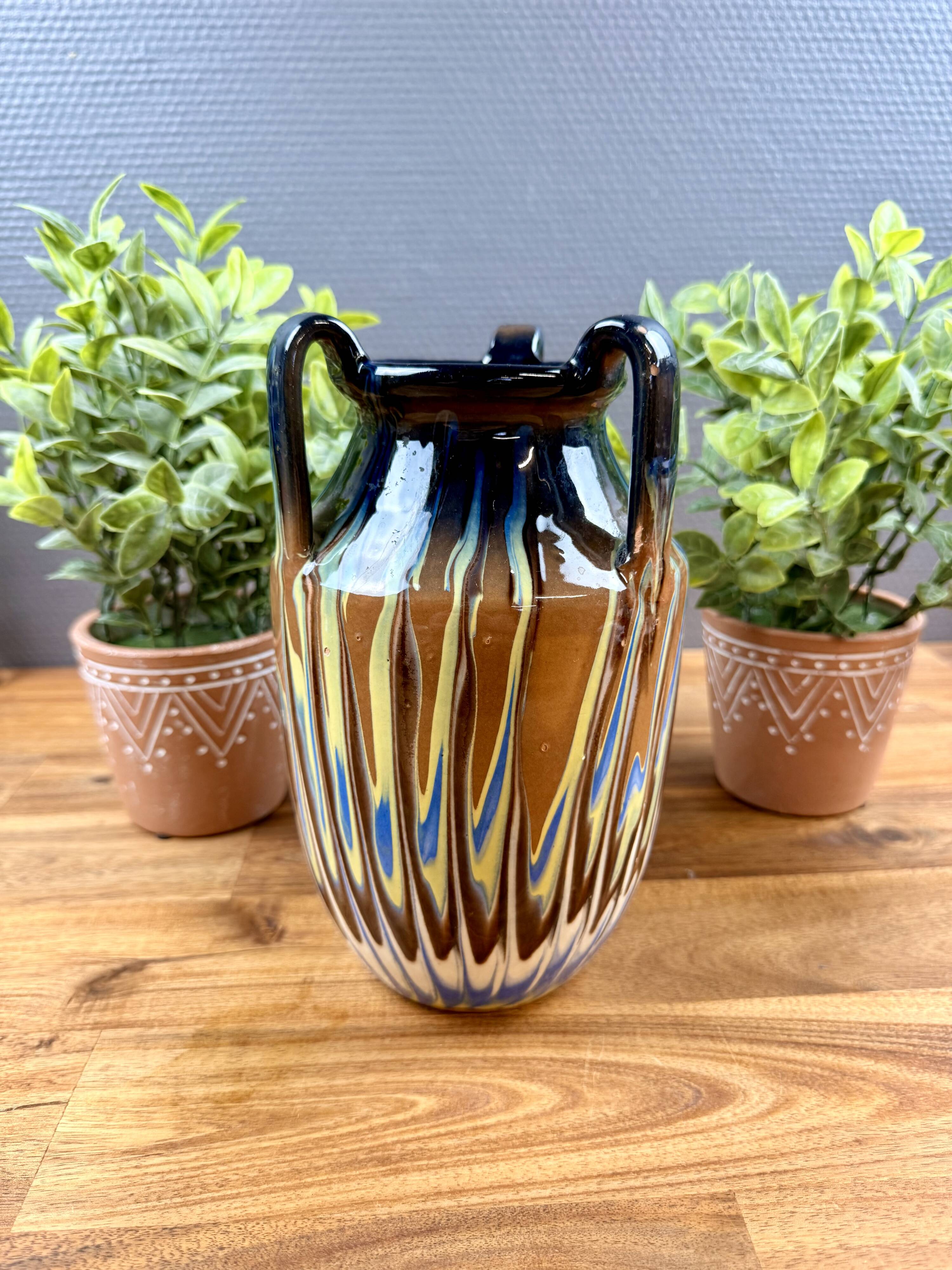 Ceramic vase with handles, flamed decoration – in the style of Capron