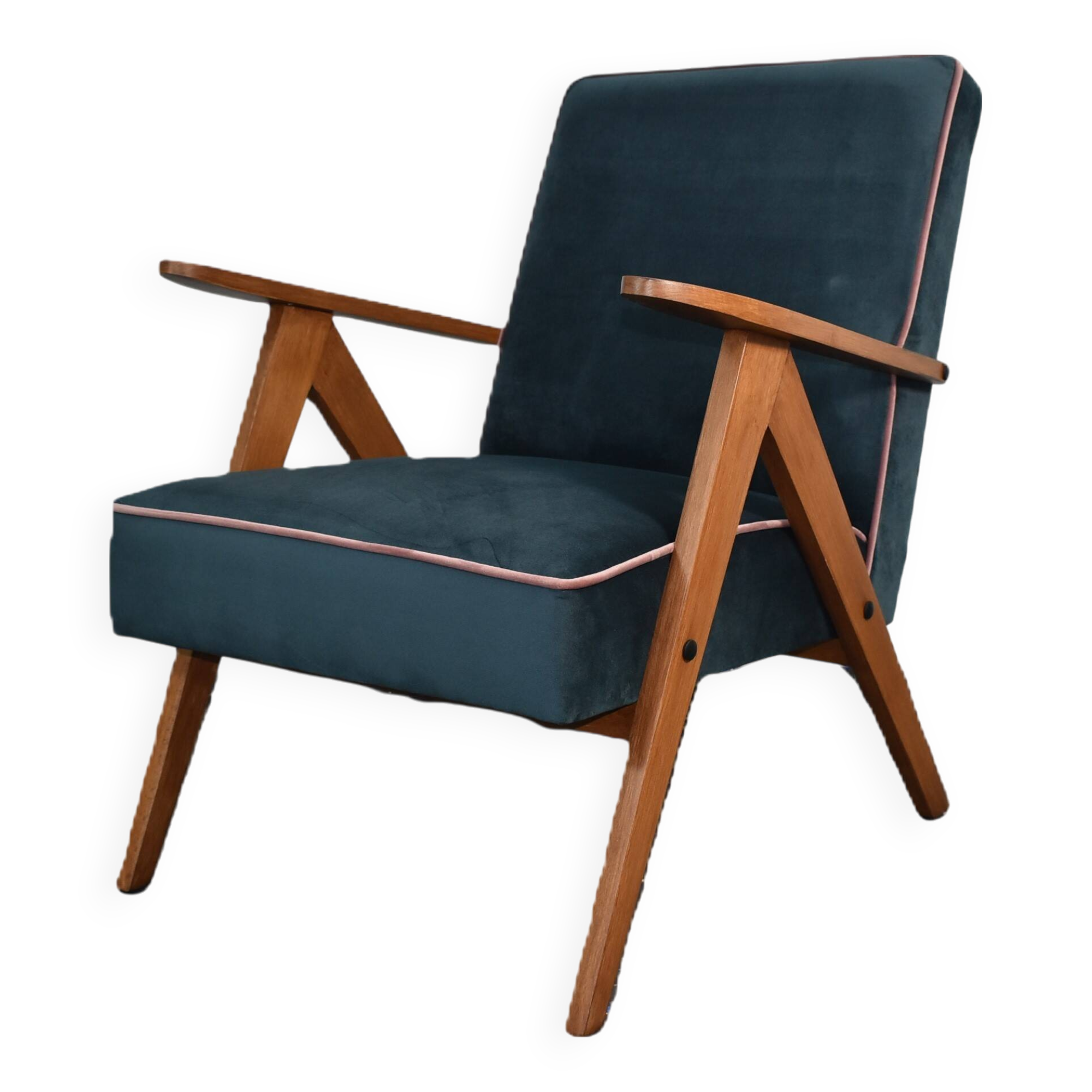 Chaise compas restaurée, tissu jaune canari, fil rose, teck, 1960