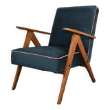 Chaise compas restaurée, tissu jaune canari, fil rose, teck, 1960