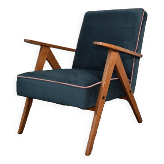 Chaise compas restaurée, tissu jaune canari, fil rose, teck, 1960