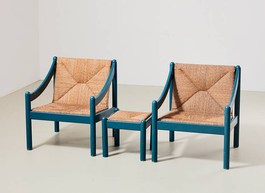 Vico Magistretti Pair of Carimate Lounge Chairs + Stool for Cassina Italy 1960s