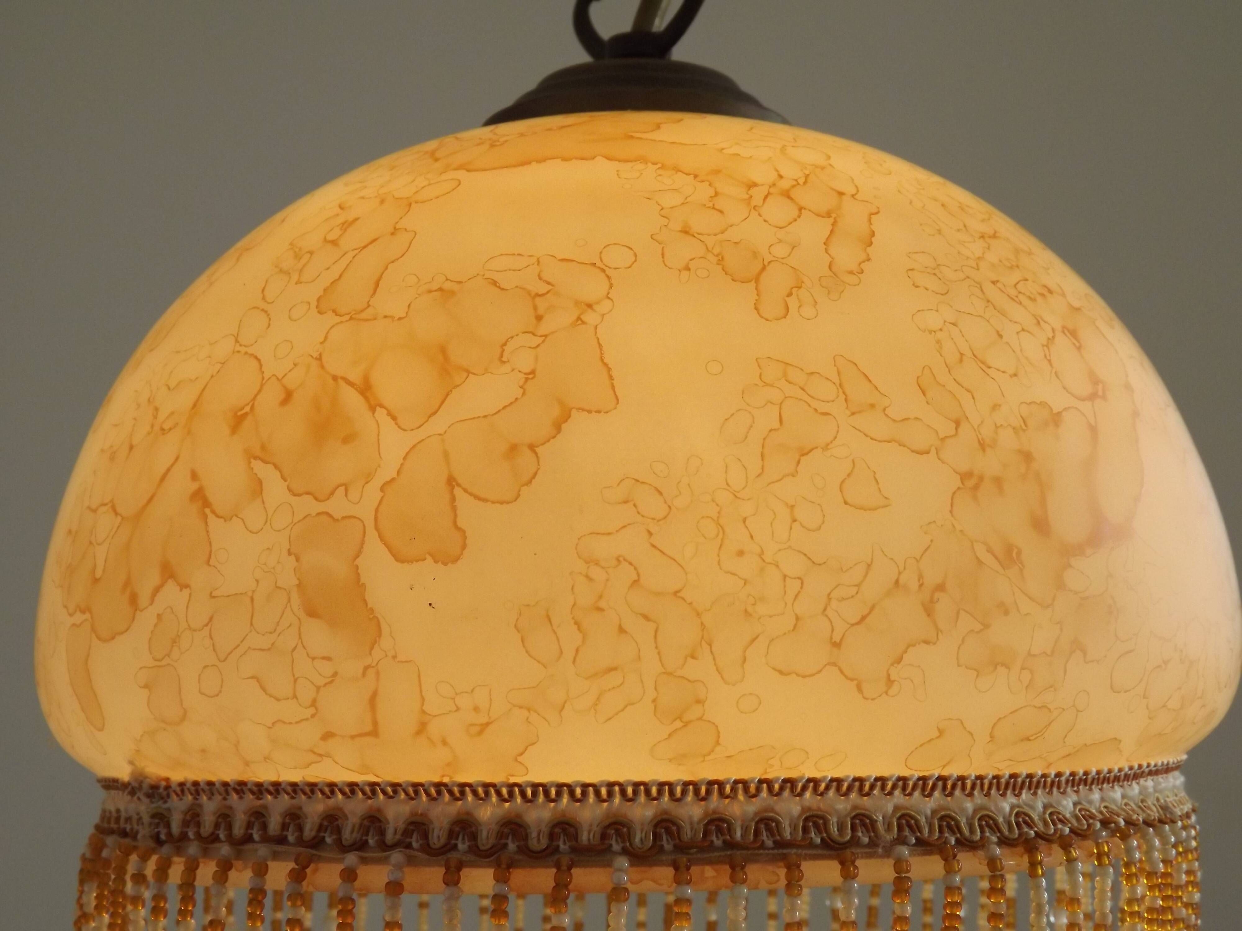 Mid Century Amber Mottled Glass Ceiling Light with Beaded Glass Fringe